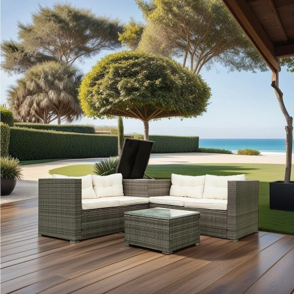 Unbranded 4-Piece Wicker Outdoor Furniture Sofa Set, Patio Sectional Sofa Set with Storage Box Coffee Table and Creme Cushions