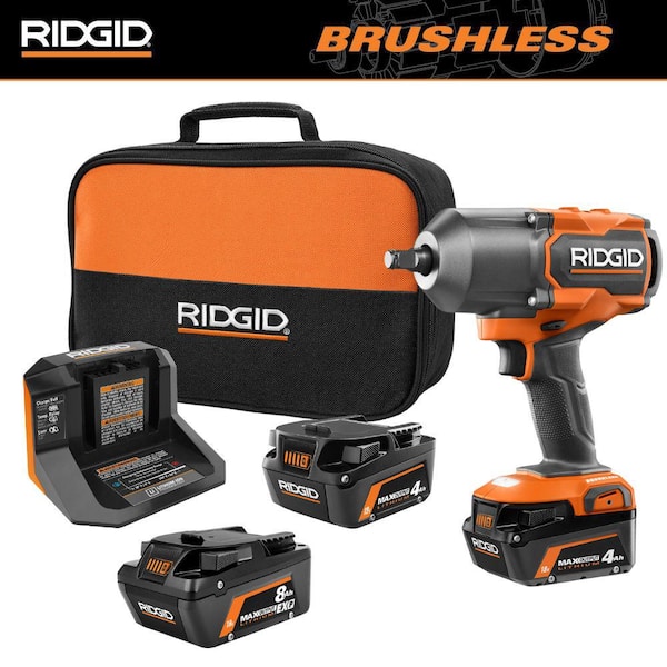 RIDGID 18V Brushless Cordless 4-Mode 1/2 in. High-Torque Impact Wrench Kit w/ (2) 4.0 Ah Batteries, Charger, & 8.0 Ah Battery