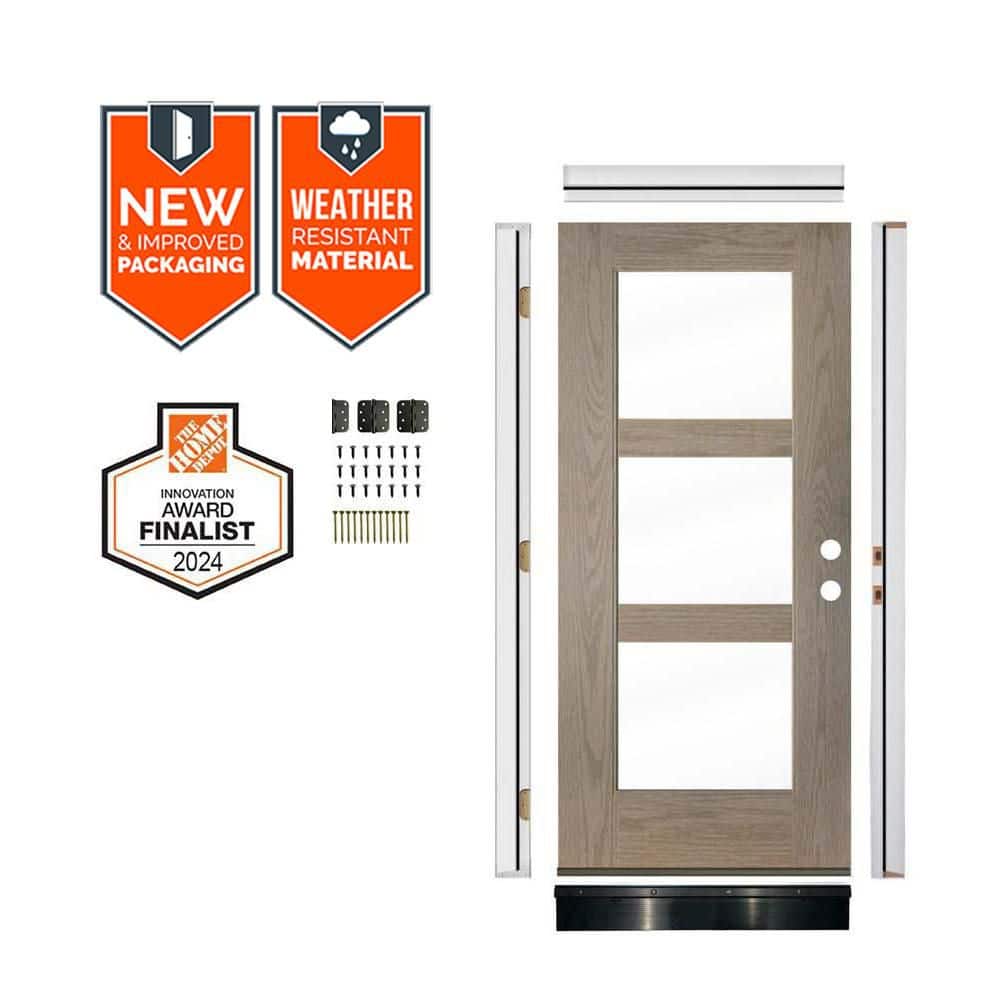 DIY 36 in. x 79 in. 3Lite Left-Hand Clear Glass Oiled Leather Stain Fiberglass Front Door Kit w/ Quick Assemble Jamb price history on PriceWatchPro
