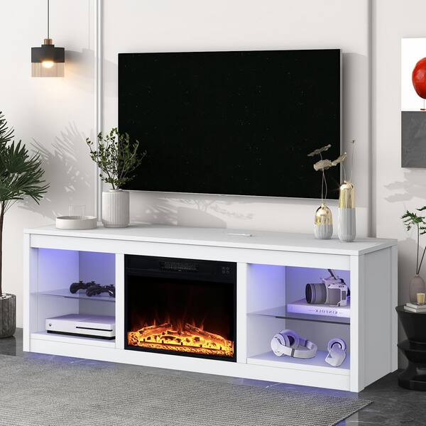IHOMEadore 66 in. White Freestanding TV Stand Fits TVs Up to 75 in