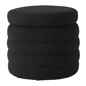 Bayville Modern 16" Tall Sherpa Fabric Tufted Round Storage Ottoman in Black