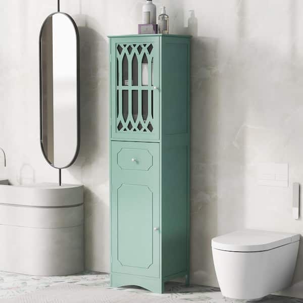 Bnuina 16.5 in. W x 14.2 in. D x 63.8 in. H Green Freestanding Linen Cabinet in Green with Acrylic Door and Adjustable Shelf