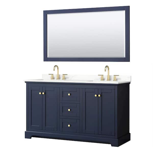 Wyndham Collection Avery 60 in. W x 22 in. D x 35 in. H Double Bath Vanity in Dark Blue with Giotto Quartz Top and 58 in. Mirror