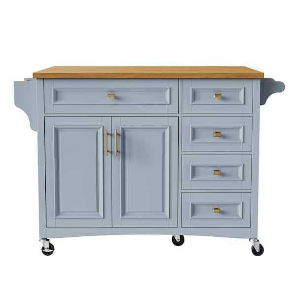 Blue Gray Wood 52 in. Kitchen Island on Wheels with Drop Leaf, Spice Rack, Towel Rack, 2-Doors and 5-Drawers