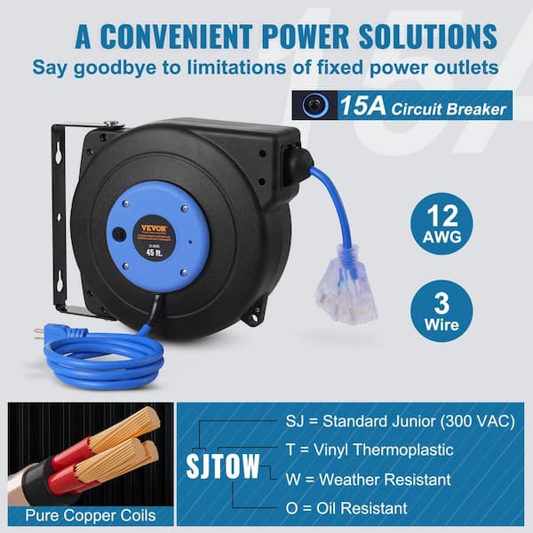 VEVOR 45 ft. 12AWG/3C 15 Amp Retractable Extension Cord Reel w