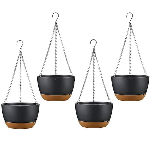 4-Piece 9.64 in. Dia Hanging Planter with Drainage Holes Removable Self-Watering Tray Plastic Hanging Flower Plant Pots