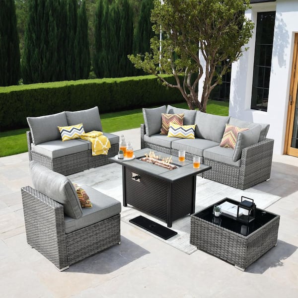 XIZZI Gemini 8-Piece Wicker Patio Rectangular Fire Pit Set with Dark Gray Cushions