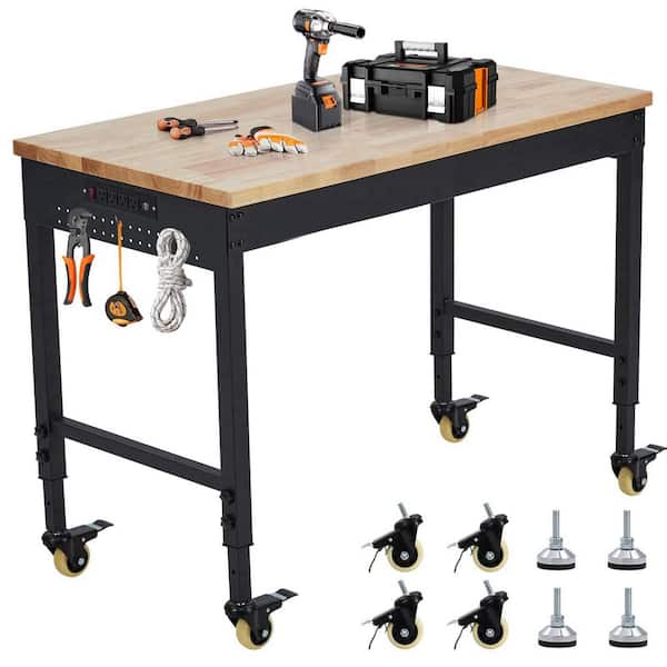 Heavy Duty 72 in. W x 25 in. D Black Steel Mobile Workbench with Rubberwood Top, AC Outlets & USB Ports