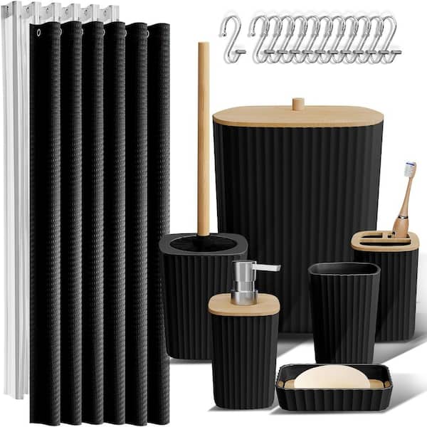 Bathroom Set, Bathroom Accessory Set, Shower Curtain Set, Toilet Brush, Trash Can & Soap Dispenser in Black