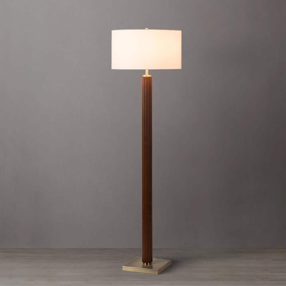 Dark Walnut and Brass Floor Lamp with White Linen Shade