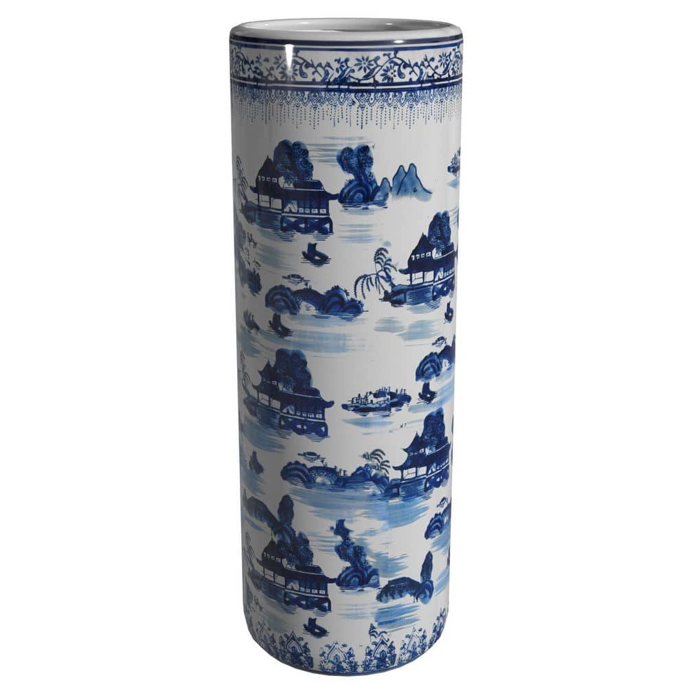 Blue and White Porcelain Cylindrical Umbrella Stand