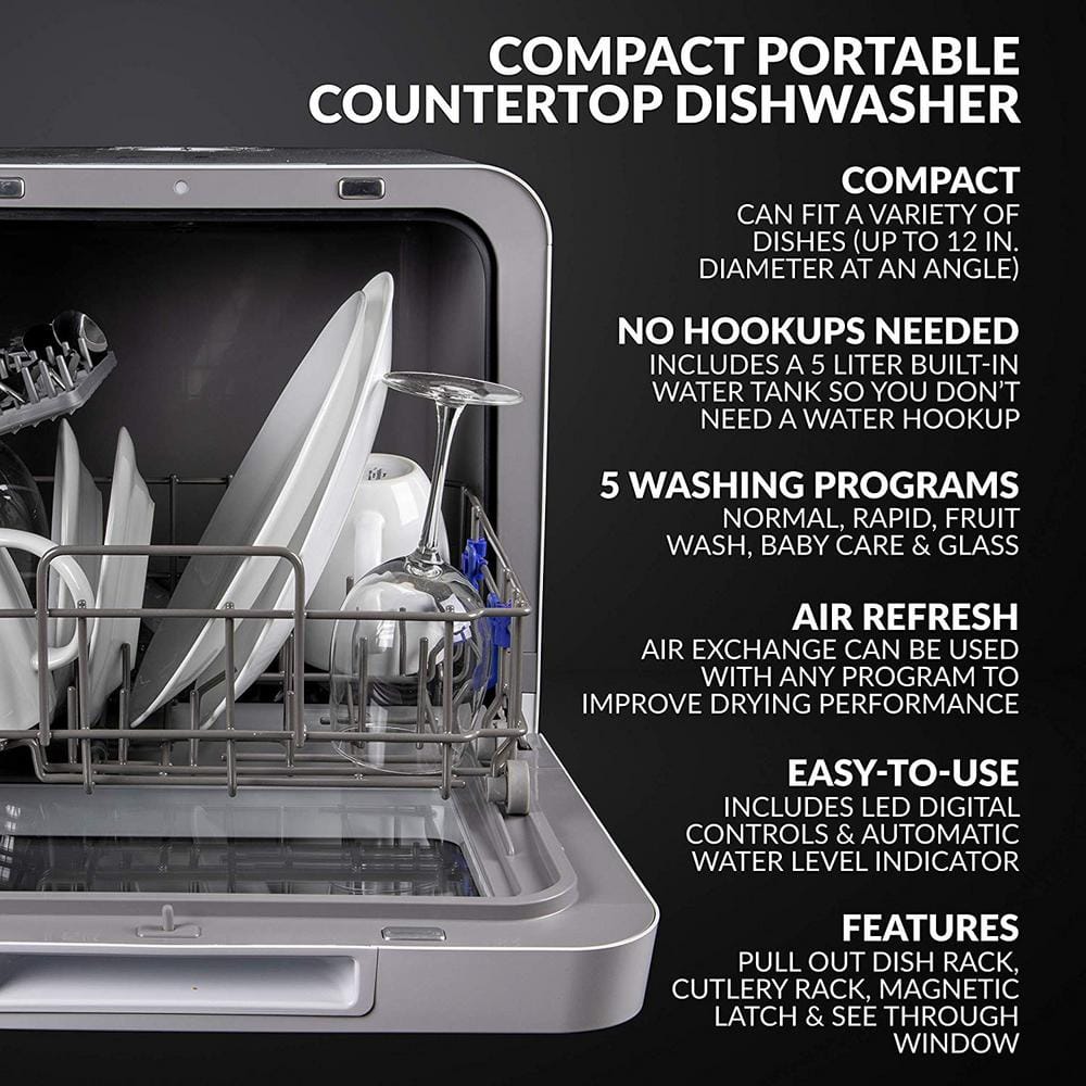 Compact White Portable Countertop Dishwasher with Built-In Water Tank