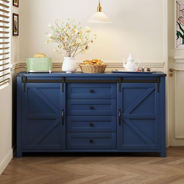 Navy Blue MDF Wood Buffet with Power Outlet Sliding Barn Doors and 4 Drawers