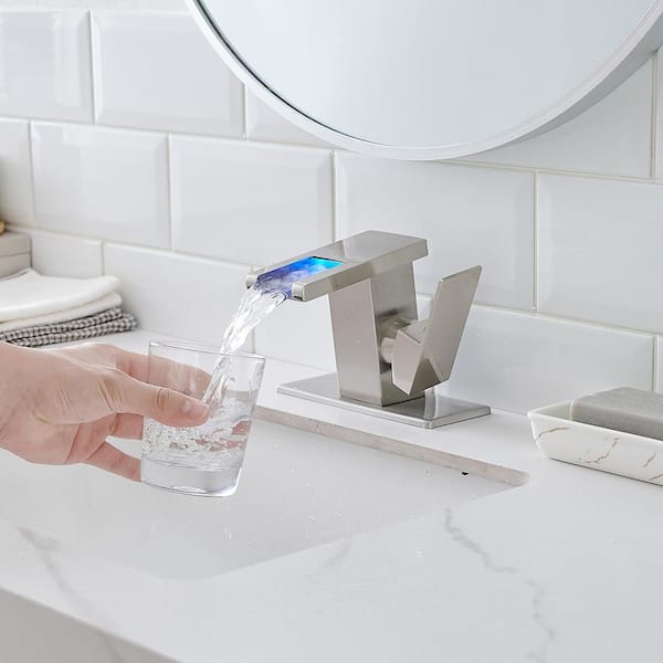 Single Handle Single Hole Bathroom Faucet Waterfall Glass Spout Hot Cold LED 3 Colors Change in Brushed Nickel
