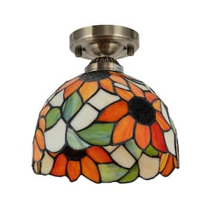 7.87 in. 1-Light Orange Sunflower Retro Semi-Flush Mount Ceiling Light with Multicolored Glass Shade, No Bulbs Included