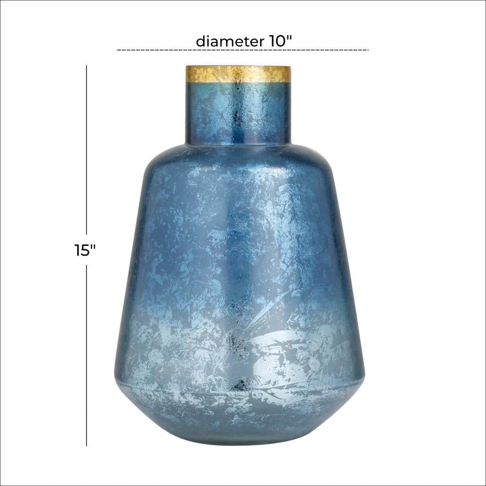 Elegant Blue and Silver-White Glass Vase with Gold Rim Accent, 14"