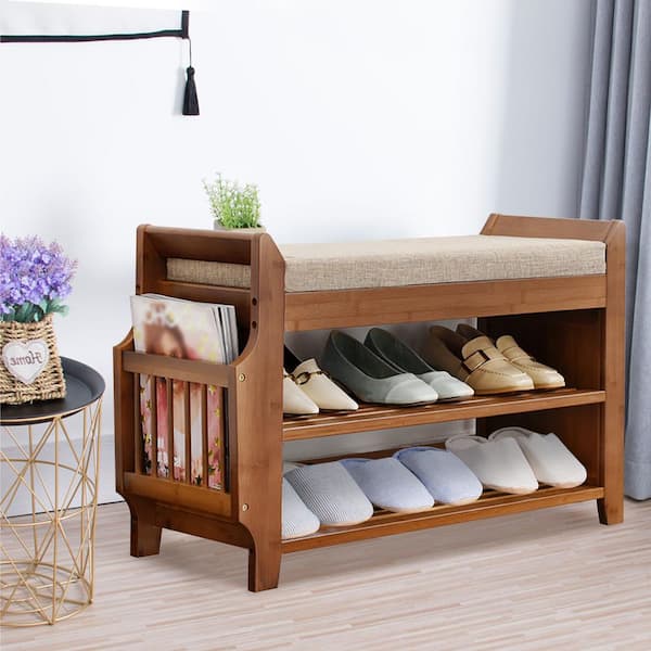 Solid L-Shape Shoe Rack Detachable 3 Tier Bamboo Shoe Bench with