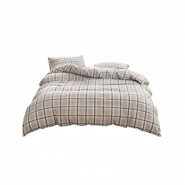 Blue Grid 3-Piece Duvet Cover Set ,100% Washed Cotton Duvet Cover Set, Linen-Like Texture, Queen Size