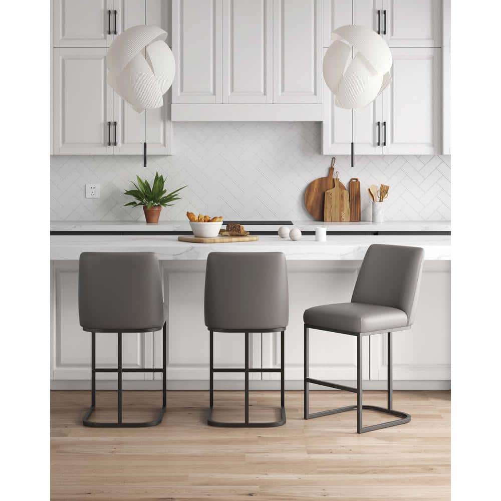 Gray Leatherette and Metal Counter Height Barstools, Set of 3