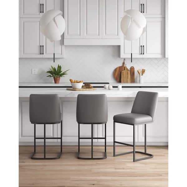 Manhattan Comfort Serena Modern 26.37 in. Grey Metal Counter Stool with Leatherette Upholstered Seat (Set of 3)