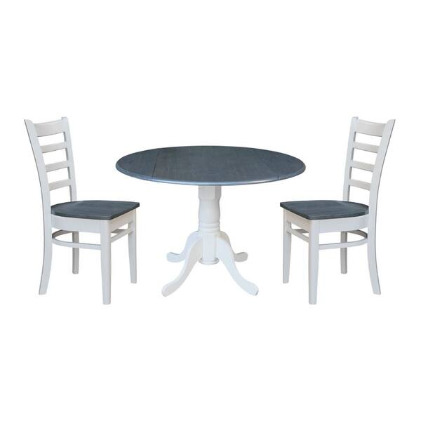International Concepts Brynwood 3-Piece 42 in. White/Heather Gray Round Drop-Leaf Wood Dining Set with Emily Chairs