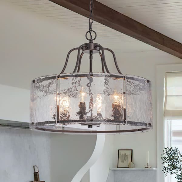 6-Light Oil-Rubbed Bronze Modern Farmhouse Drum Chandelier with Water Ripple Glass for Kitchen Island Dining Room Foyer