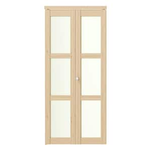 36 in x 80 in, Frosted Glass, Solid Core, Light Brown, 3 Lite, MDF Wood, PVC Covering Bi-Fold Doors with Hardware Kits