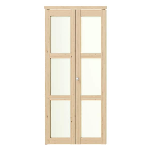 TENONER 36 in x 80 in, Frosted Glass, Solid Core, Light Brown, 3 Lite, MDF Wood, PVC Covering Bi-Fold Doors with Hardware Kits