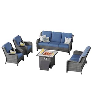 Janus Gray 5-Piece Wicker Patio Fire Pit Conversation Seating Set with Denim Blue Cushions