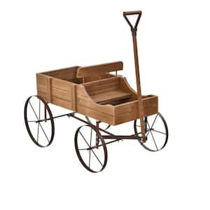 24.5 in. x 13.5 in. x 24 in. Wood Wagon Plant Bed, Plant Stand with Metal Wheels for Garden Yard Patio, Brown