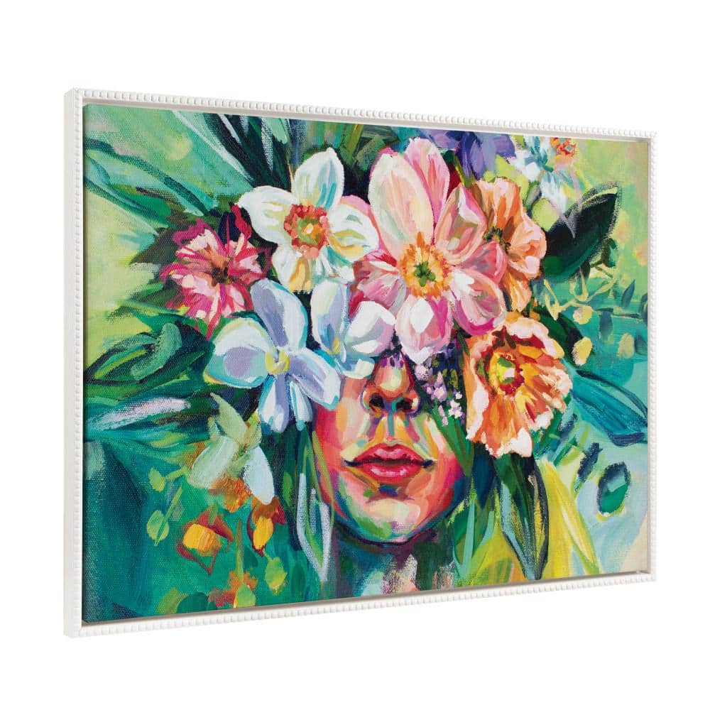 Colorful Floral Portrait on Beaded Framed Canvas, 23x33