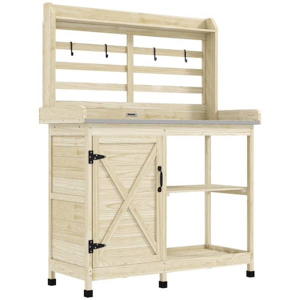 Outsunny 18.5 in. W x 57.5 in. H Natural Outdoor Wooden Potting Bench Table, Garden Workstation with Storage Cabinet, Shelves