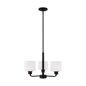 Canfield 3-Light Midnight Black Modern Minimalist Hanging Drum Chandelier with Etched White Glass Shades