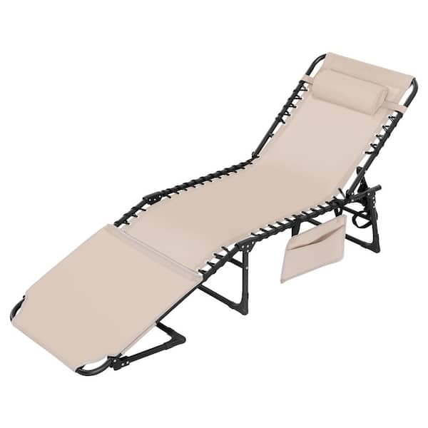 Black Folding Textilene and Metal Outdoor Lounge Chair in Khaki with 5-Position Adjustable Backrest