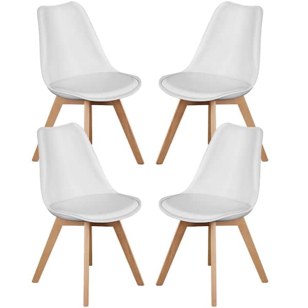 FIRNEWST White Mid-Century Modern PU Leather Cushion Dining Accent Chair with Wood Legs (Set of 4)