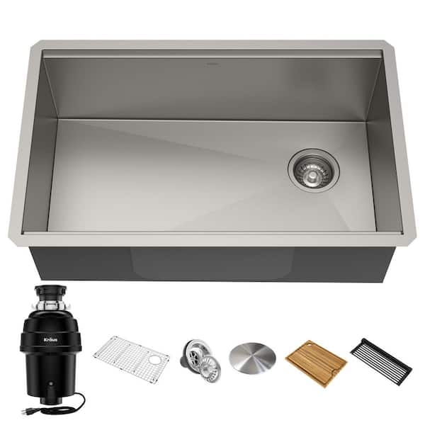 KRAUS Kore 30 in Undermount 16 Gauge Single Bowl Stainless Steel Kitchen Sink with WasteGuard 1 HP Garbage Disposal