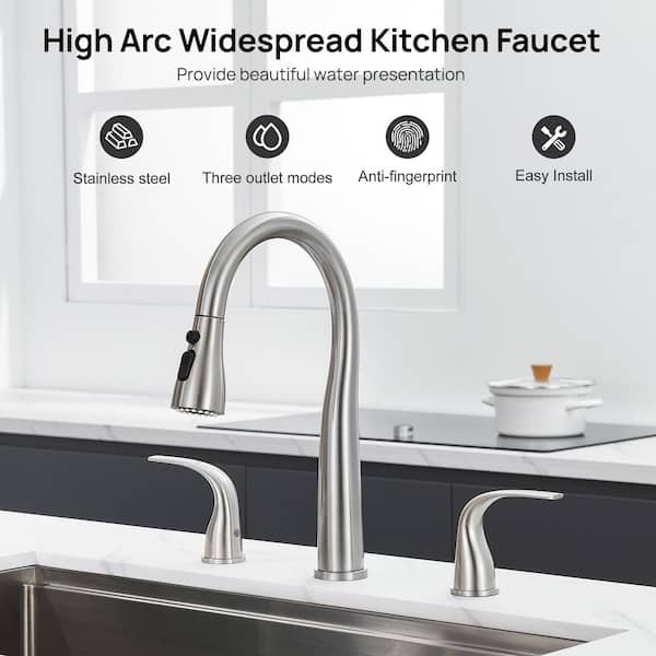 14.6 in H Widespread Dual Handle 360° Spout Swivel Pull Down 3 Modles Sprayer Kitchen Faucet in Brushed Nickel