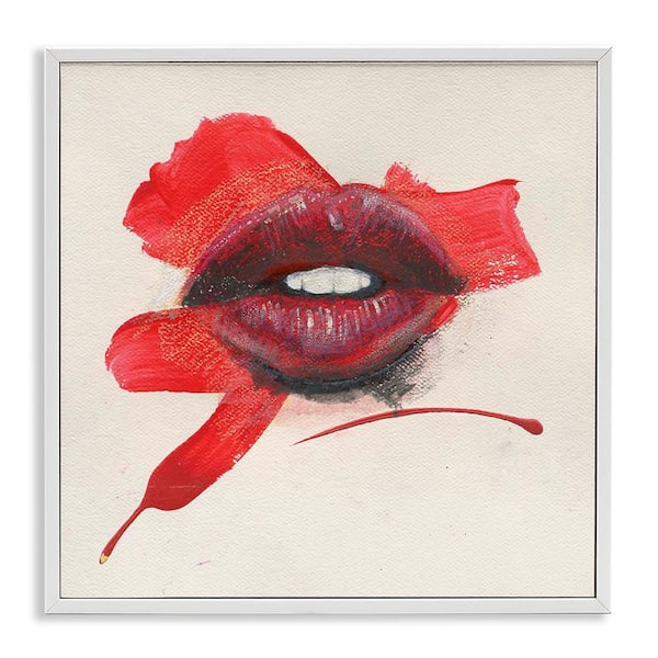 Stupell Industries Red Lips Paint Streak by Daniel Houston White Framed People Giclee Art Print 24 in. x 24 in.