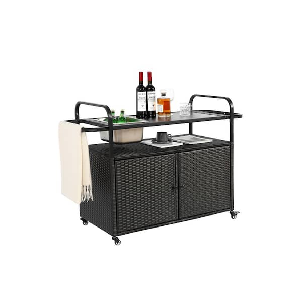 Unbranded Black Outdoor Patio Garden Serving Cart Wicker Bar Cart, with Cabinet Steel Top 1-Ice Bucket Lockable Wheels Side Basket