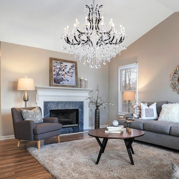 PUYRNF 24-Light 49 in. Crystal Black Chandelier, Large Foyer