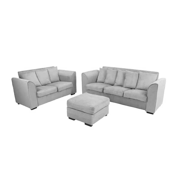 Z-joyee 80.2 in. Square Arm Polyester Blend Modern Straight 3-Seats Sofa and Loveseat with Ottoman in Light Gray