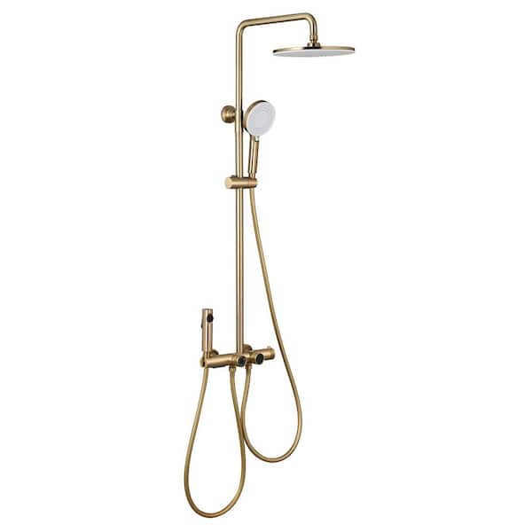 Tomfaucet Thermostatic 4-Spray Tub and Shower Faucet with 3 Setting Hand Shower and Spray Gun in Brushed Gold (Valve Included)
