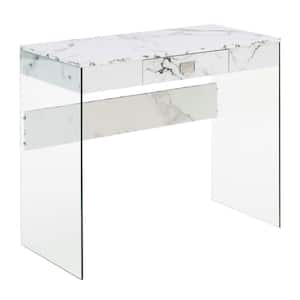 SoHo 36 in. Rectangular Faux White Marble Particle Board 1-Drawer Writing Desk with Glass Sides