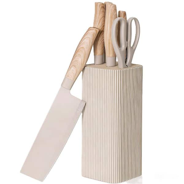 6-Piece Stainless Steel Knife Set with Block, Ultra Sharp, Wood Grain Handle, Dishwasher Safe Knife Block Set, Khaki