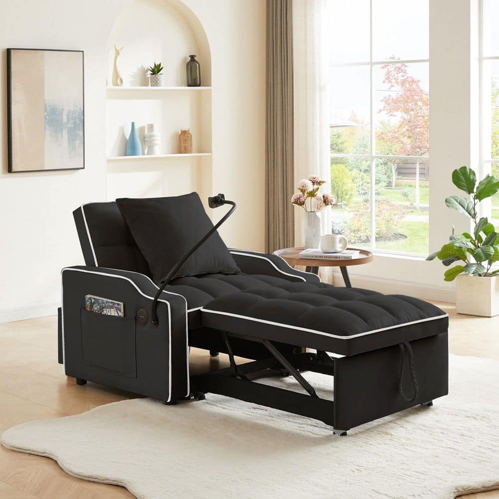 Pierce 33.85 in. Square Arms Velvet Rectangle Convertible Pull-Out Sofa Bed in Black with USB Port, Adjustable Back price history on PriceWatchPro