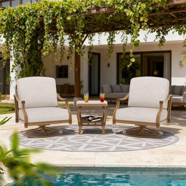 Arcadia 3-Piece Swivel Aluminum Outdoor Conversation Set with Beige Cushion