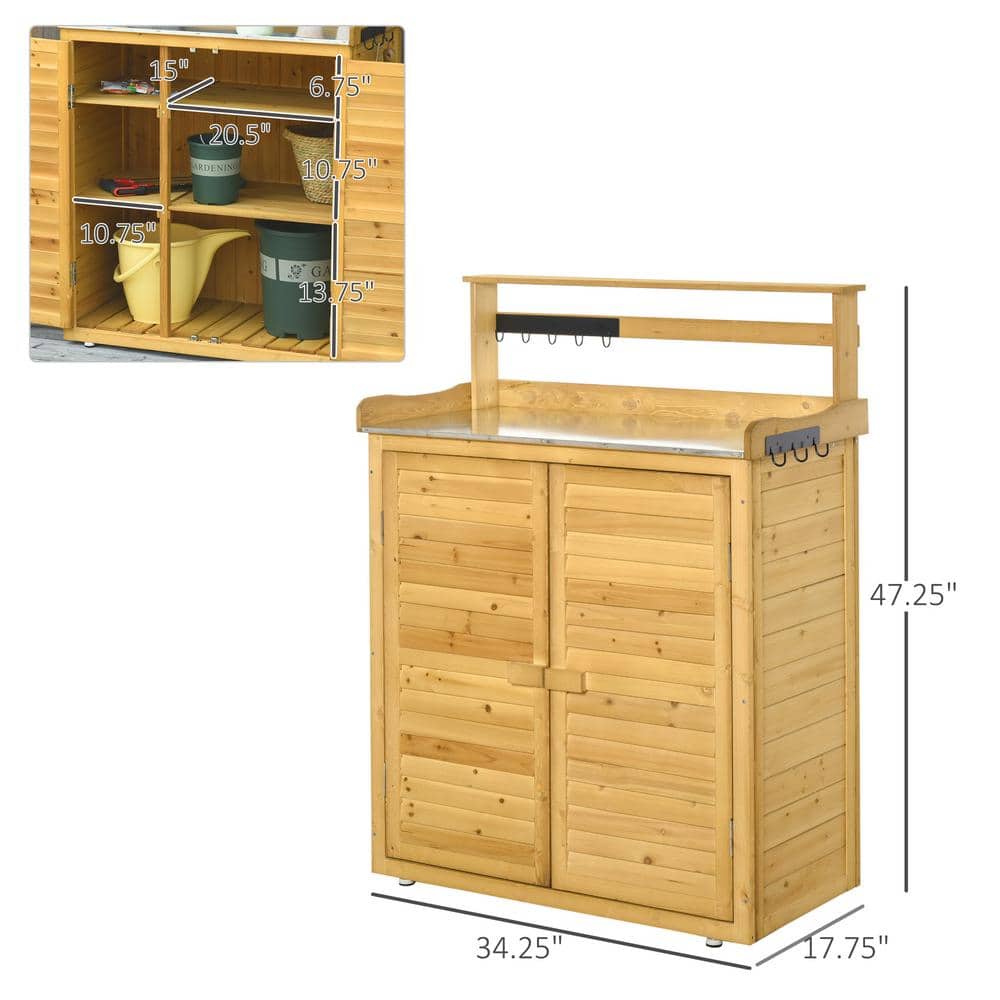 Natural Fir Wood Garden Potting Bench with Hooks and Shelves