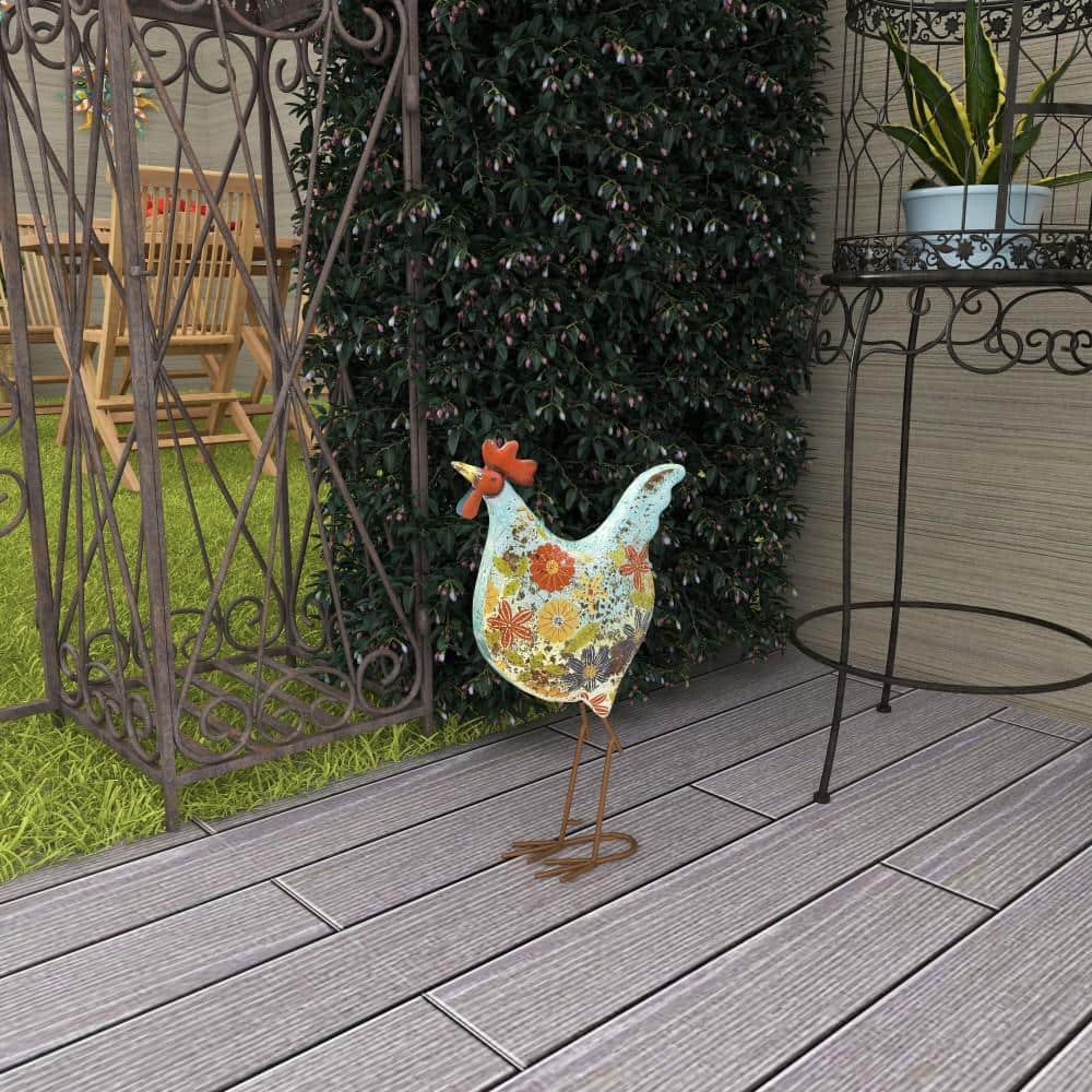 17" Green Floral Metal Rooster Garden Sculpture