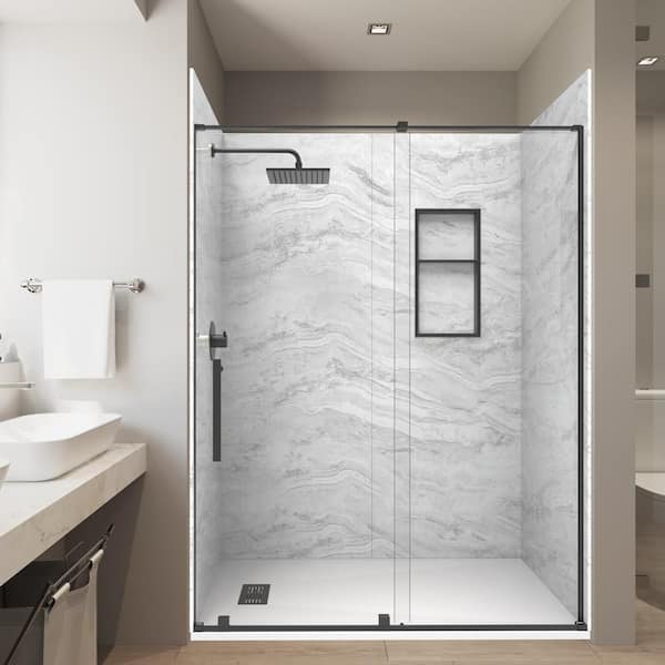 Sierra L 36 in. x60 in. x 84 in. Solid Composite Stone Alcove Shower Combo Kit Matching Matte Black Door,Niche and Drain