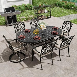 7-Piece Black Cast Aluminum Outdoor Dining Set with Elliptical Table 4 Dining Chairs 2 Swivel Rockers Cushion (Seat 6)